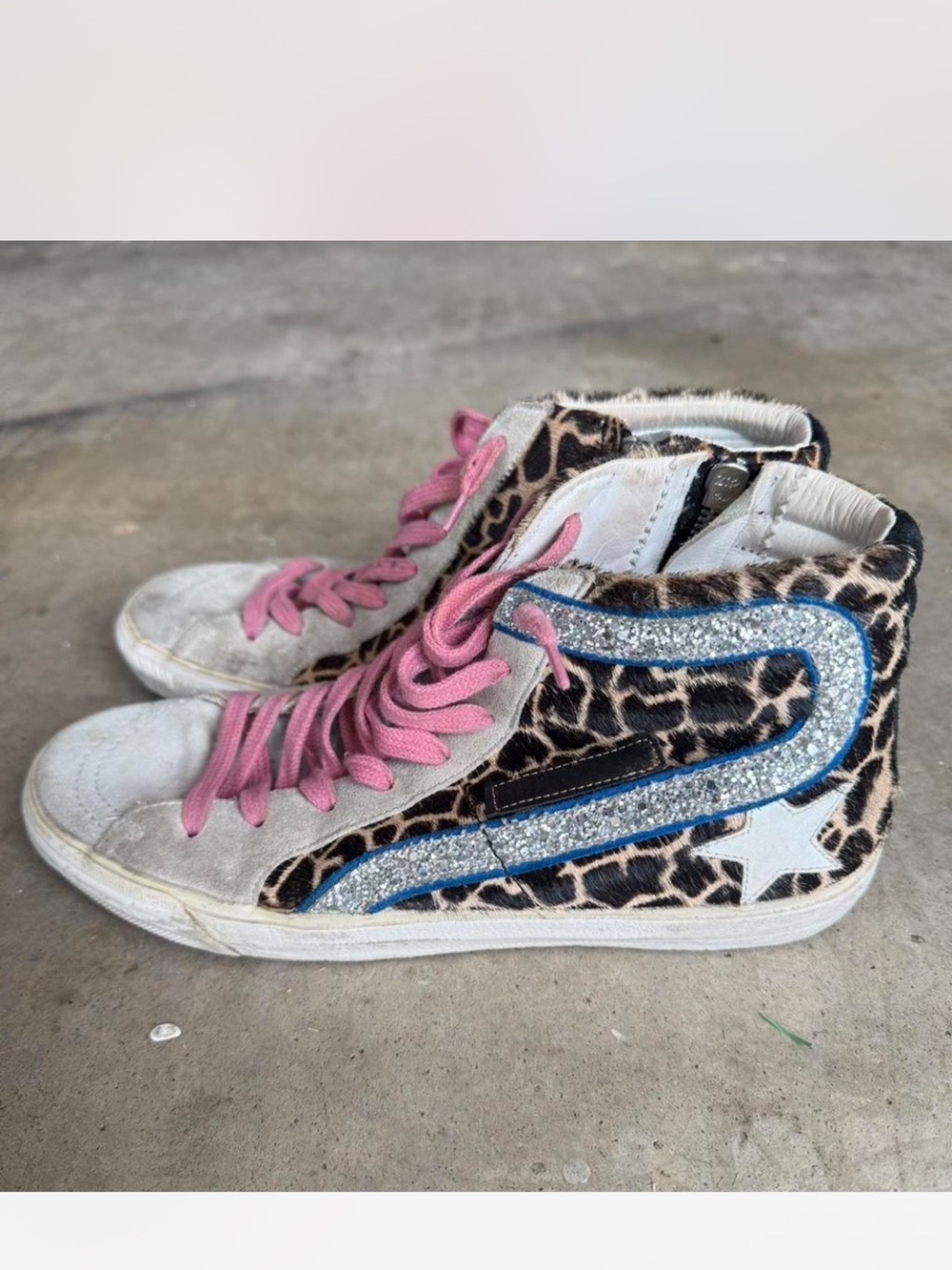 Golden Goose High-Top Sneakers with Blue Glitter Stripe and Pink Laces